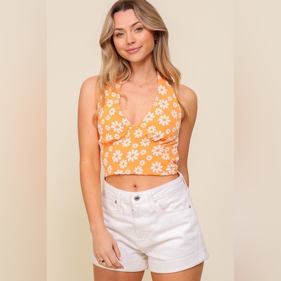 Daisy Print Open Back Halter Cropped Tank - Orange - Picture 4 of 16